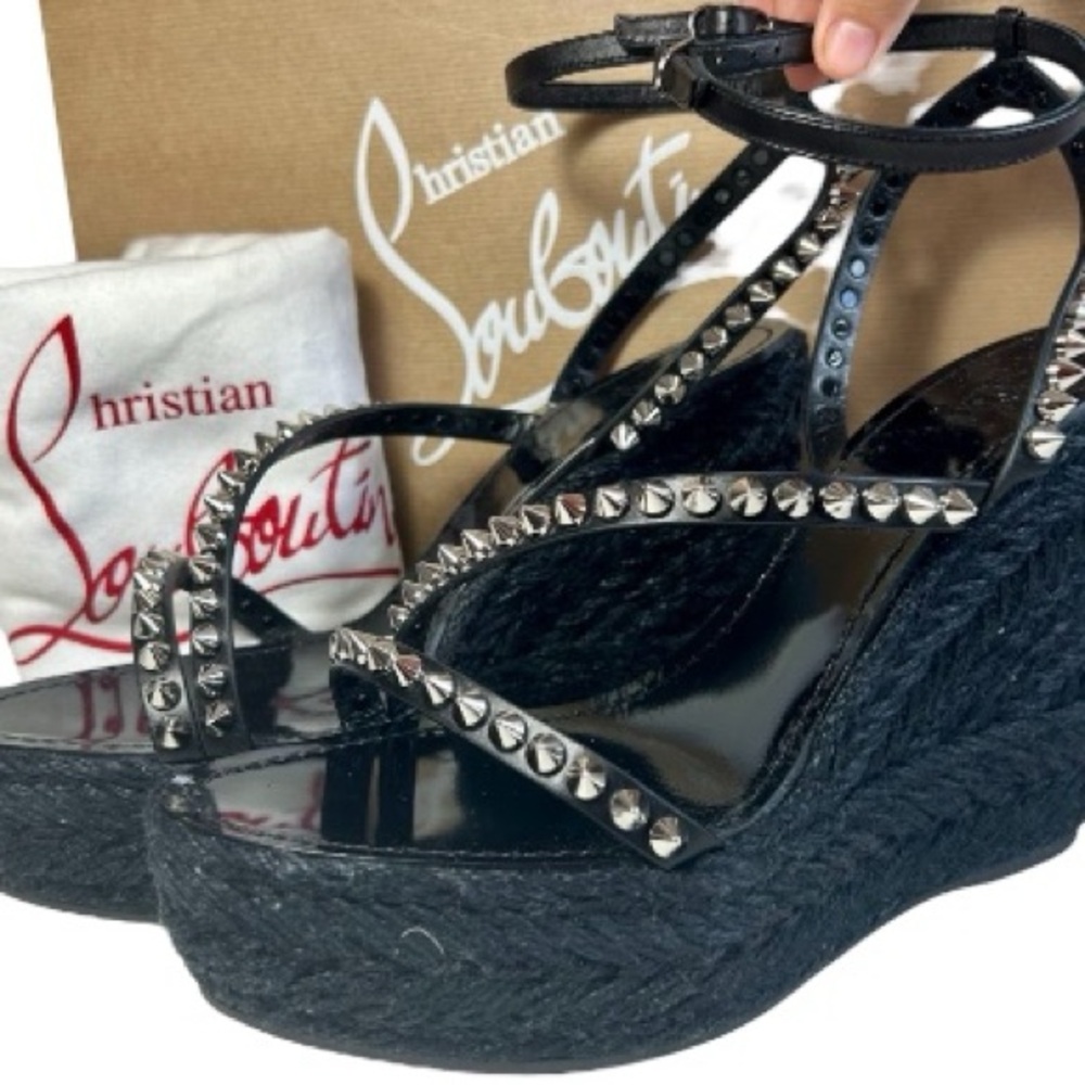 Christian Louboutin Mafaldina Zeppa 120 Black Spiked Wedge Sandals 38 NEW $895 - Picture 3 of 13